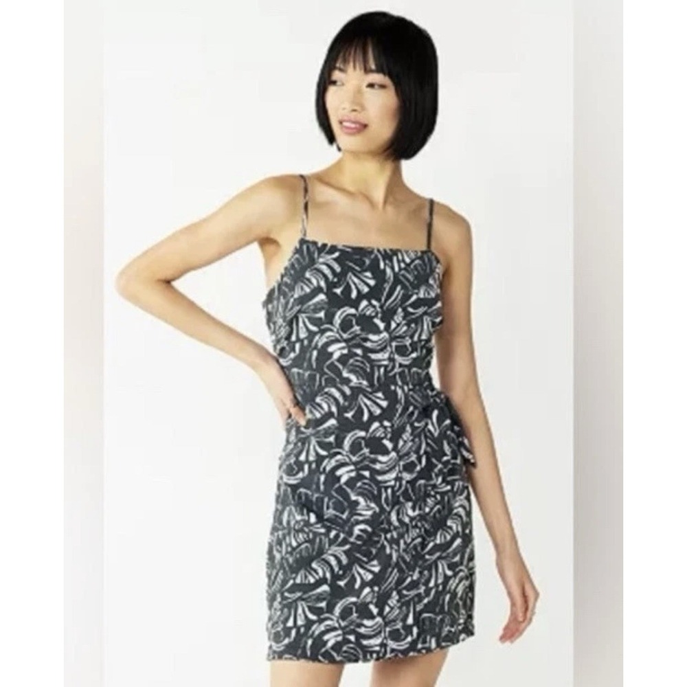 Nine West Side Tie Mini Dress Black Gray Hues‎ Tropical Print Size XL NWT